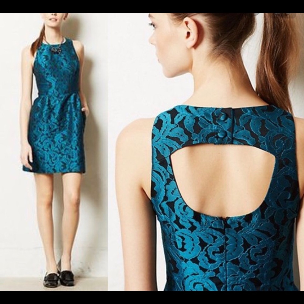 Anthropologie Teal Blue Jacquard Midi Dress with Back Cutout